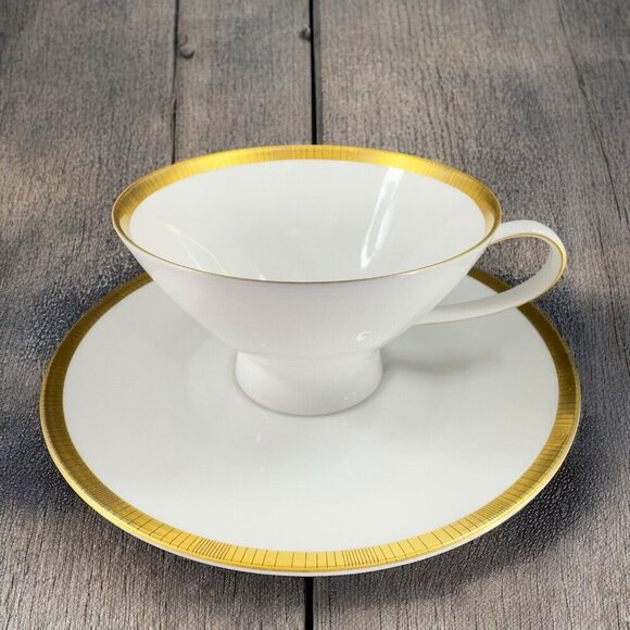 Rosenthal Germany 3680 White Gold Band Black Lines Tea Cup And Saucer Set - Picture 1 of 16